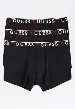 Boxers en coton noir pour homme, avec une ceinture texturée arborant le logo « GUESS » en blanc et rouge et des accents triangulaires ; design en pack de 3.