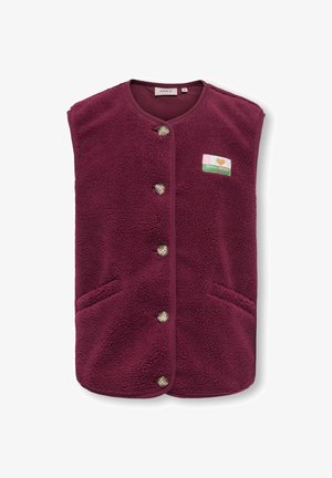 Gilet in pile bordeaux con scollatura rotonda, bottoni frontali, due tasche laterali e un patch logo in stile vintage. Tessuto morbido e strutturato.