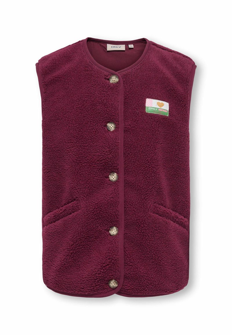 Burgundski flis prsluk s okruglim izrezom, prednjim dugmadi, dvije bočne džepove i vintage-style logom. Mekana, teksturirana tkanina.