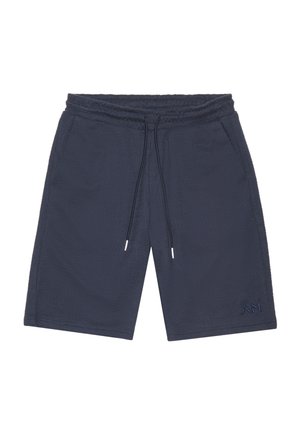 Marineblaue Shorts aus strukturiertem Stoff mit elastischem Bund und Kordelzug. Mit gesticktem Logo unten links.