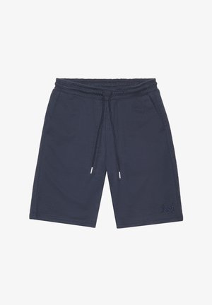 Marineblaue Shorts aus strukturiertem Stoff mit elastischem Bund und Kordelzug. Mit gesticktem Logo unten links.