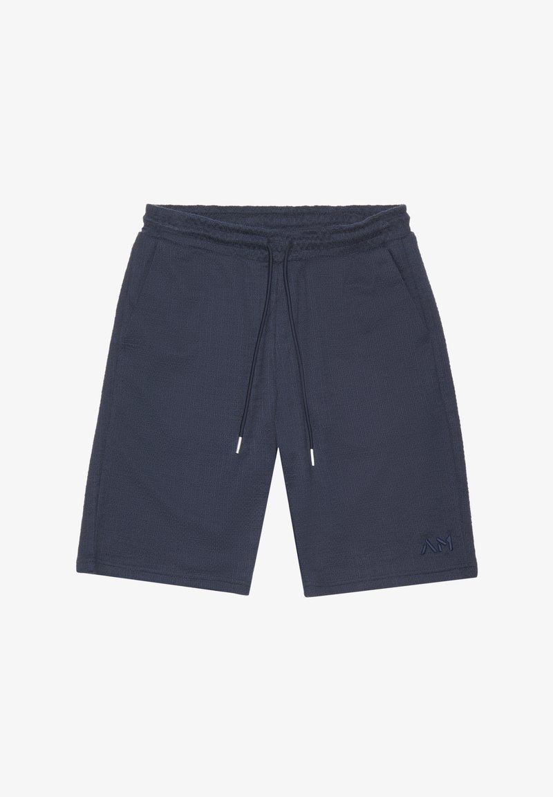Shorts bleu marine en tissu texturé, avec une ceinture élastique et un cordon de serrage. Logo brodé sur le bas à gauche.