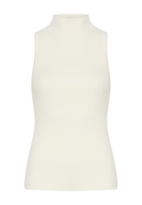 Ärmelloses weißes, geripptes Turtleneck-Oberteil aus dehnbarem Stoff, das eine figurbetonte Silhouette und eine glatte Textur ohne Verzierungen bietet.