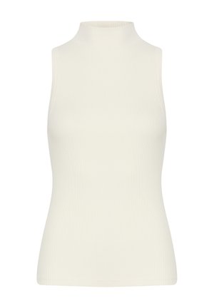 Sleeveless white ribbed turtleneck top made from stretchy fabric, featuring a fitted silhouette and smooth texture with no embellishments.