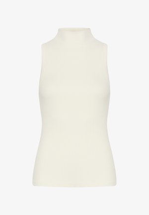 Ærmeløs hvid ribbet turtleneck top lavet af strækbart stof, med en fitted silhuet og glat tekstur uden udsmykninger.