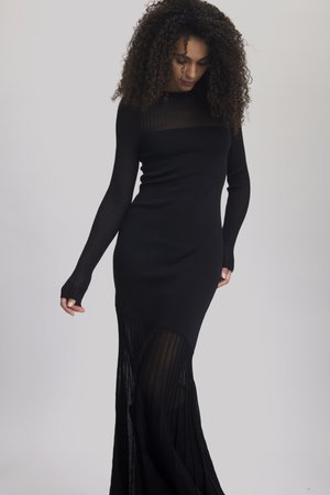 Schwarzes Kleid mit langen, gerippten Ärmeln und einem transparenten, plissierten Unterteil. Es hat ein tailliertes Oberteil und einen fließenden, strukturierten Rock.