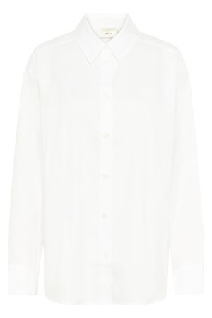 Camisa blanca de manga larga con botones al frente, cuello clásico y corte regular. Hecha de tela suave, cuenta con ocho botones en la parte delantera.