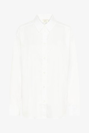 Fehér, hosszú ujjú, gombos ing klasszikus gallérral és normál szabással. Sima anyagból készült, a szabáson nyolc gomb található elöl.