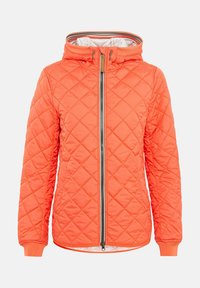Gequilte oranje jas met een capuchon, voorritssluiting, elastische manchetten en een gladde voering. Kenmerkt zich door diagonale stiksels en tonale accenten.