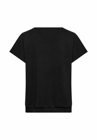 Schwarzes Kurzarmoberteil mit lockerer Passform, rundem Ausschnitt und elastischem Saum. Hergestellt aus weichem Stoff mit einer schlichten, glatten Textur.