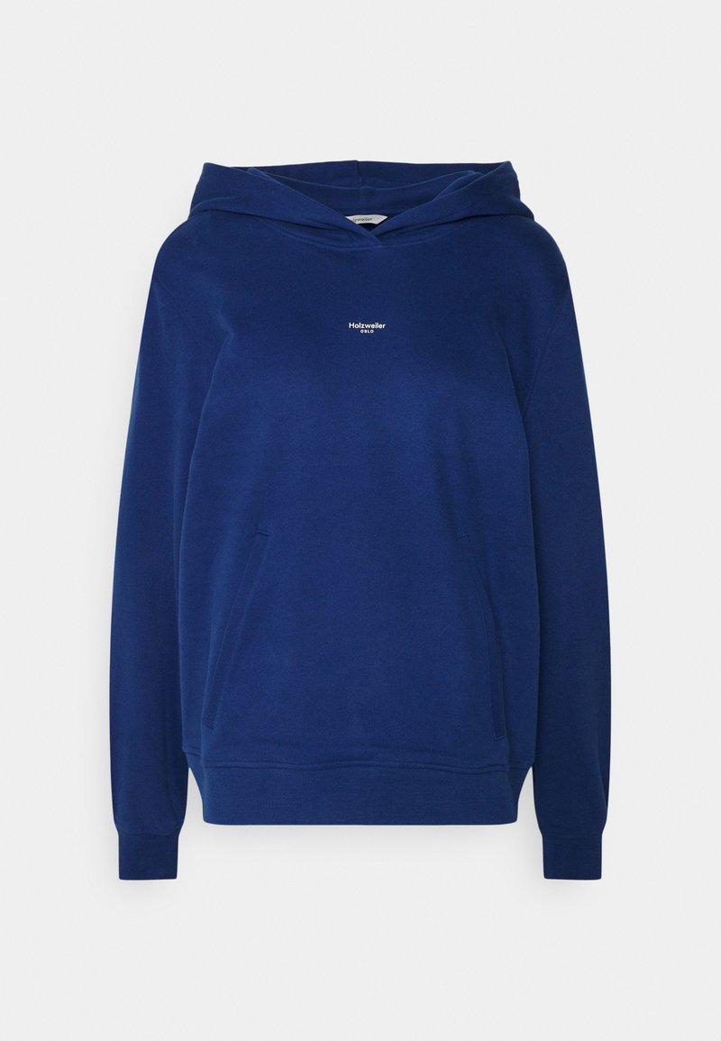 Felpa con cappuccio blu navy in morbito cotone. Presenta una tasca frontale, maniche lunghe e cappuccio con coulisse. Piccolo logo "Holzweiler" sul petto.
