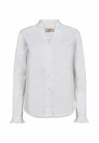 Weiße Bluse mit langen Ärmeln, Stehkragen, Knopfleiste und gefältelten Akzenten an den Bündchen. Glattes, leichtes Material, taillierte Passform.