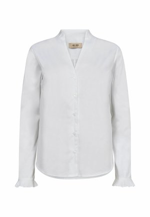 White long-sleeve blouse with a mandarin collar, button front, and pleated accents at the cuffs. Smooth, light fabric, tailored fit.