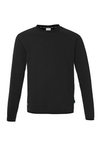 Sort langærmet sweatshirt lavet af blødt materiale, med rund halsudskæring, raglanærmer og et lille logoaccent på kanten.
