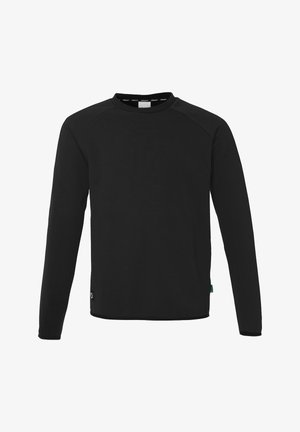 Sort langærmet sweatshirt lavet af blødt materiale, med rund halsudskæring, raglanærmer og et lille logoaccent på kanten.