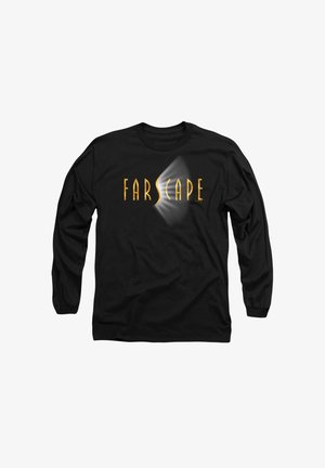 Black long-sleeve t-shirt with "FARSCAPE" printed in bold, yellow lettering. Crew neck design with relaxed fit and soft texture.