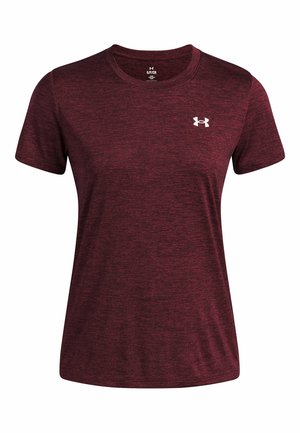 Maroon short-sleeve t-shirt made of a textured fabric. Features a crew neck and a white logo on the left chest.