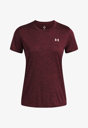 Bordeaux kurzärmliges T-Shirt aus einem strukturierten Stoff. Mit Rundhalsausschnitt und einem weißen Logo auf der linken Brust.