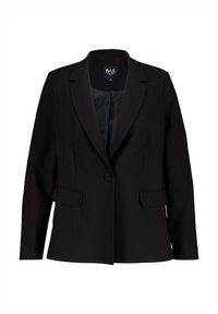 Zwarte blazer met een getailleerde pasvorm, enkele knoopsluiting en twee voorkruiden. Gemaakt van een soepele stof met een geknipte revers.