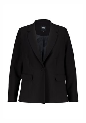 Blazer noir avec une coupe ajustée, fermeture à un bouton et deux poches avant. Fabriqué en tissu lisse avec un col à revers.