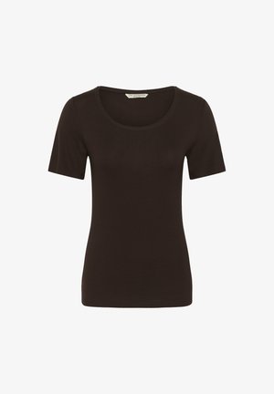 Tricou maro, cu mâneci scurte și croială mulată, cu decolteu rotund, afișat pe un fundal alb.