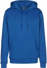 Modrý pulovrový hoodie vyrobený z jemné tkaniny, s přední kapsou, tkaničkami s kovovými konci a pružnými manžetami a lemem.
