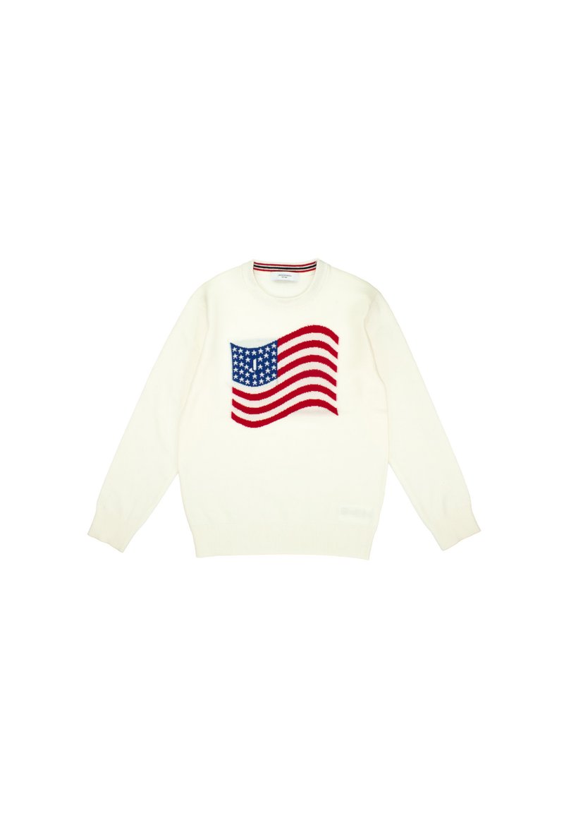 White sweater featuring a large knitted American flag design in blue, red, and white. Crew neckline and ribbed cuffs and hem.