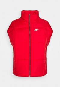 Röd pufferväst med hög krage, dragkedjestängning och vit Nike-logotyp på bröstet. Kviltad design och kort, ärmlös modell.