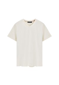 T-shirt a maniche corte con scollo a V in tessuto avorio, caratterizzato da un logo discreto sul petto e una vestibilità ampia con orlo dritto.