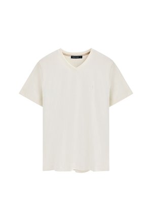T-shirt med V-hals og korte ærmer i off-white stof, der har et subtilt logo på brystet og en afslappet pasform med lige kant.