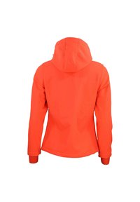 Veste à capuche orange vif avec des manches longues, en tissu texturé et avec des poignets ajustés. Fini lisse sans motifs ni accents visibles.