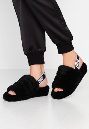 Czarne pluszowe kapcie z paskiem ozdobionym logo "UGG". Miękka tekstura, otwarty przód i gruba podeszwa. Prosty i nowoczesny styl.