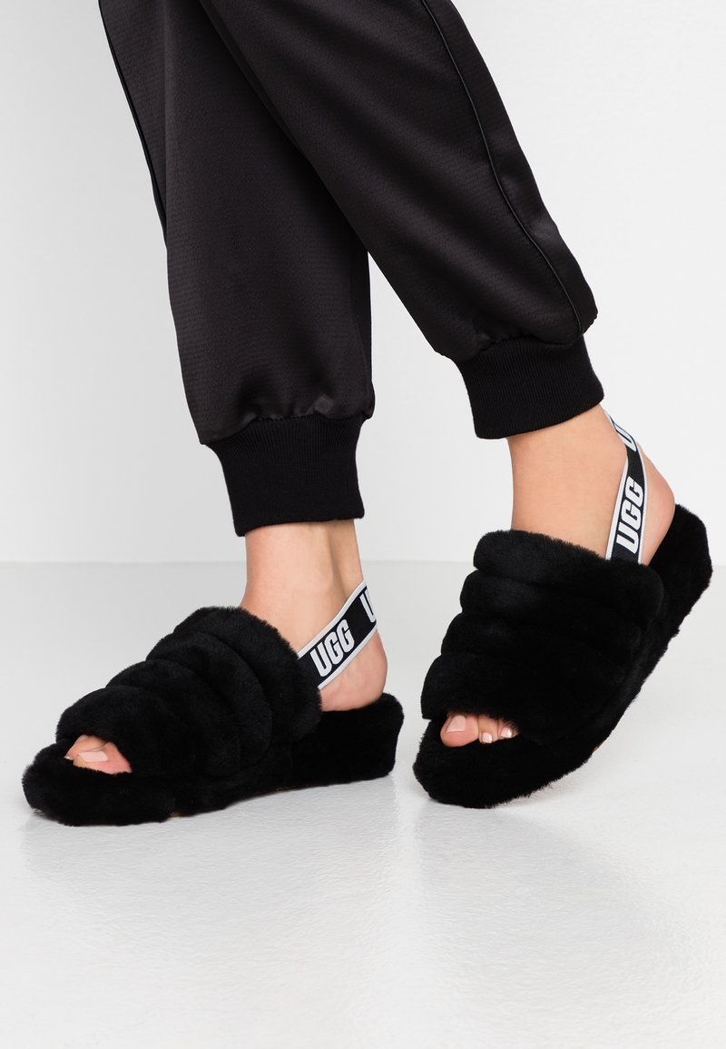 Chaussons noirs à texture duveteuse avec une bride arborant la marque "UGG". Texture en peluche, design à bout ouvert et semelle épaisse. Style simple et moderne.