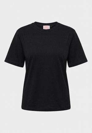 Black short-sleeve crew neck T-shirt displayed on a plain light gray background, shown from the front.