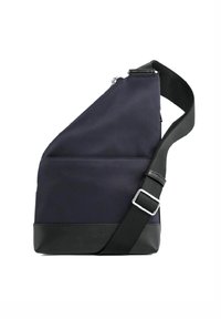 Borsa a tracolla in tessuto navy con un design elegante, fondo nero, tracolla regolabile e chiusura con zip. Dispone di una tasca frontale per ulteriore spazio di stoccaggio.