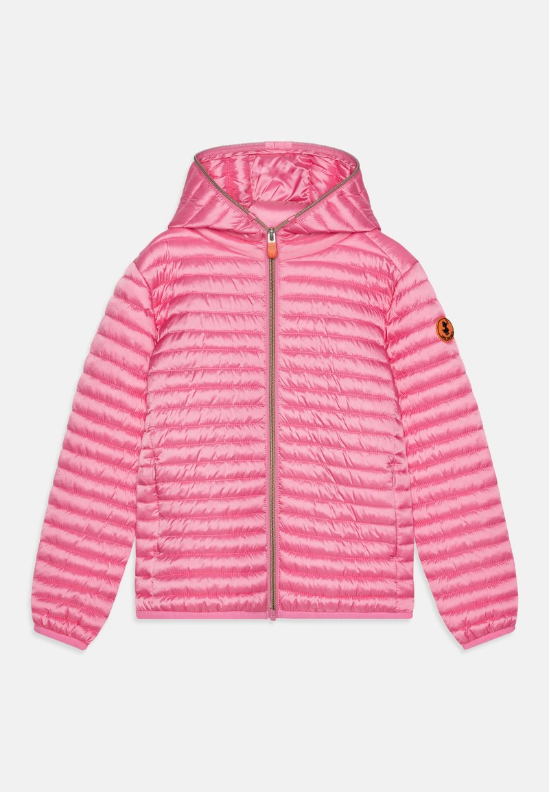 Padded pink jacket with a zip closure and hood. Features horizontal quilting, elastic cuffs, and a logo patch on the left sleeve.