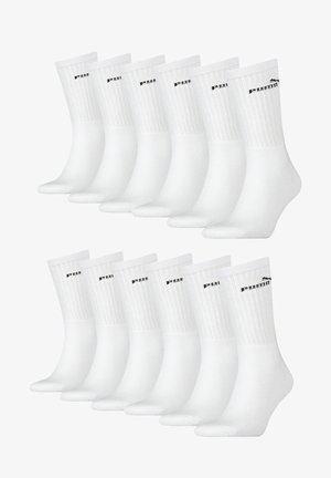 White cotton crew socks featuring ribbed texture and black logo, arranged in two rows, showing a total of twelve pairs.