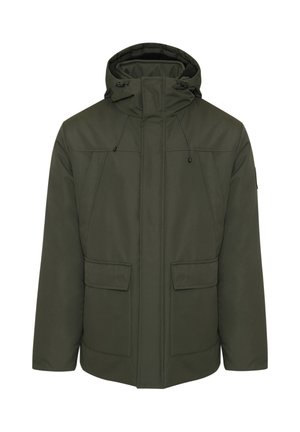 Olijfgroene, geïsoleerde parka met een aantrekbare capuchon, rits aan de voorkant en twee voorzakken. Gladde buitenkant en subtiele gestikte lijnen.