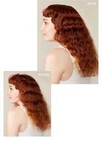 Deux images de profil montrent une transformation capillaire. Les cheveux "Avant" sont frisés avec des pointes châtain clair ; les cheveux "Après" sont lisses, ondulés et d'un rouge plus foncé.