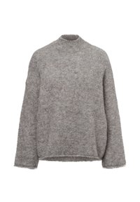 Grauer Pullover mit hohem, rundem Ausschnitt, langen Ärmeln und weicher Textur. Verfügt über eine lockere Passform und einen leicht gekürzten Saum.