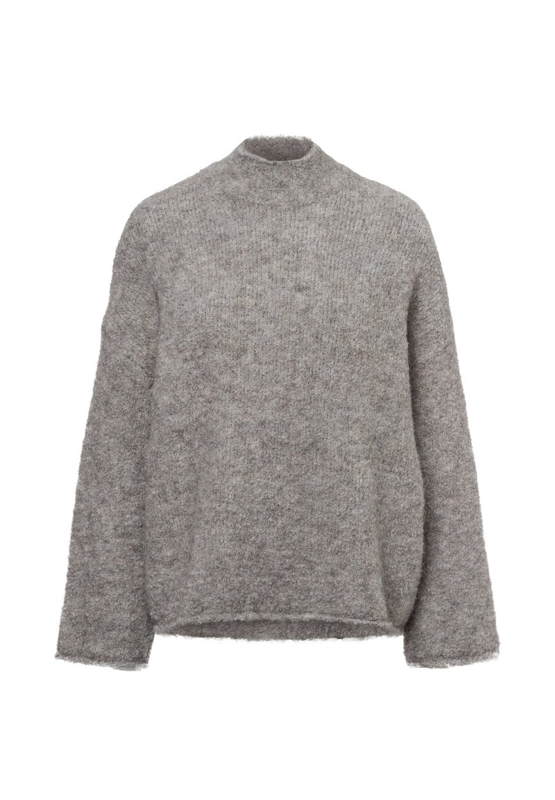 Grauer Pullover mit hohem, rundem Ausschnitt, langen Ärmeln und weicher Textur. Verfügt über eine lockere Passform und einen leicht gekürzten Saum.