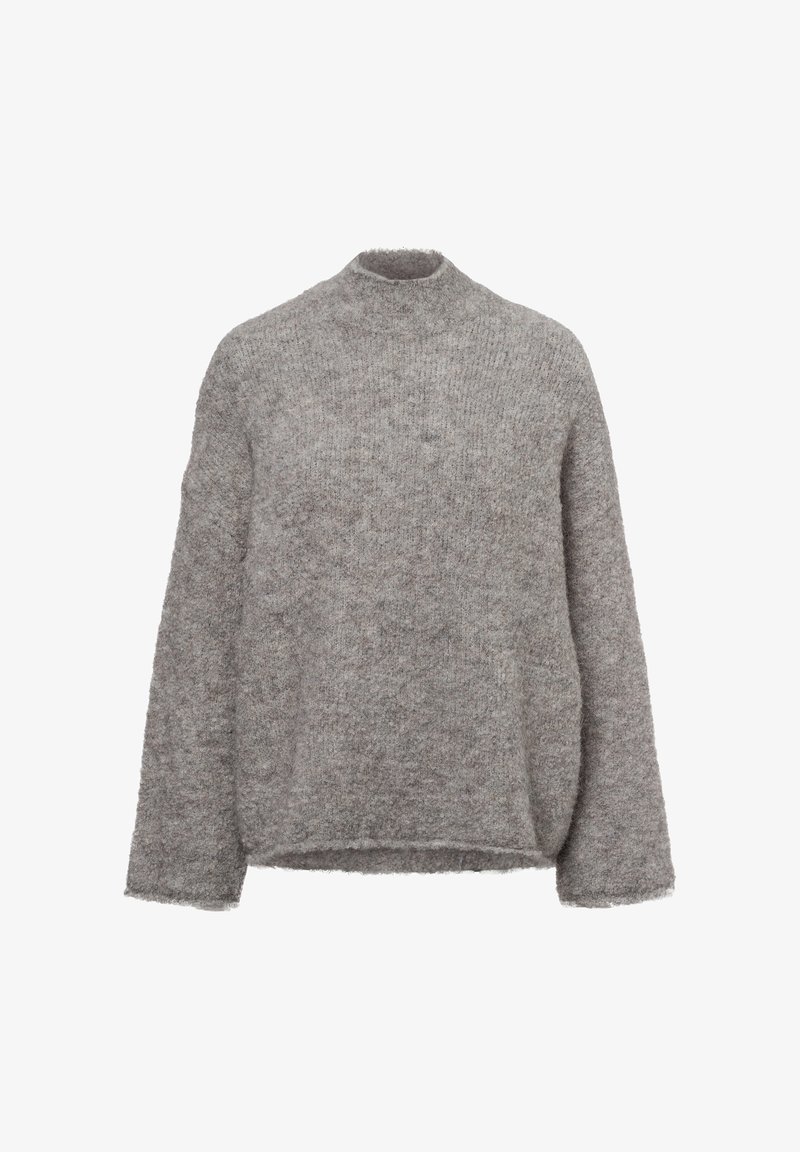 Grauer Pullover mit hohem, rundem Ausschnitt, langen Ärmeln und weicher Textur. Verfügt über eine lockere Passform und einen leicht gekürzten Saum.