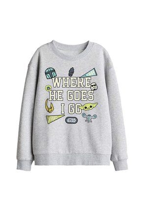 Grauer Pullover mit Star Wars Figuren und Symbolen rund um den Text „Where he goes I go“ in fetten Buchstaben.