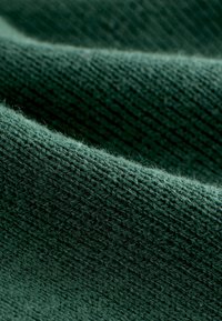 Grüner Strickstoff mit einer strukturierten, gemütlichen Optik, der ein feines, weiches Gewebe und eine leichte Flauschigkeit aufweist.