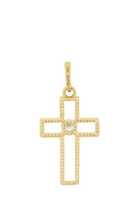 Guldtonad korspendant med en öppen design och texturerade kanter samt en central klar sten. Lätt och dekorativ accessoar.