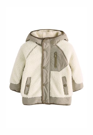 Veste en polaire sherpa écru pour enfants avec capuche, bordure taupe, poche avant zippée, boutons-pression, et deux poches latérales.