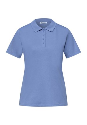 Blauw poloshirt met korte mouwen, kraag en vier knopen aan de voorkant.