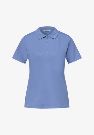 Blauw poloshirt met korte mouwen, kraag en vier knopen aan de voorkant.