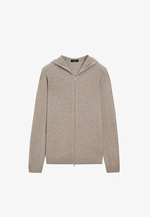 Hellbrauner Kapuzenpullover mit Reißverschluss aus weichem Strickmaterial. Verfügt über eine Kapuze, gerippte Bündchen und Saum mit einem minimalistischen Design.