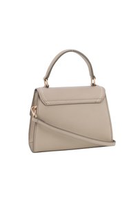 Sac à main beige structuré avec une anse supérieure et une bandoulière amovible, comportant des détails en or et une couture subtile.